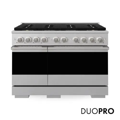 Front. ZLINE - 48 in. 6.7 cu. ft. Double Oven Marino Freestanding Gas Range with 8 Burner DuoPro Cooktop & Dual Ovens - Satin Stainless Steel.