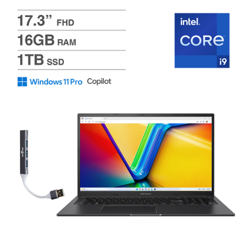 ASUS - Vivobook 17X Laptop 17.3 FHD (Intel i9-13900H, 16GB DDR4, 1TB PCIe SSD, Intel Iris Xe, Win 11 Pro) w/USB Hub - Indie Black-Front_Standard 