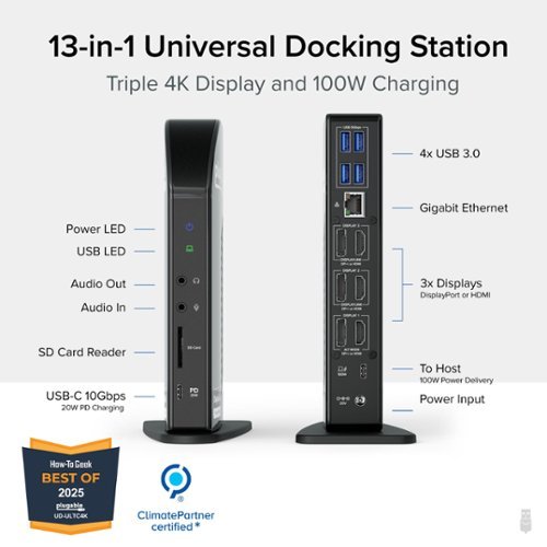 Plugable 4K USB C Docking Station Triple Monitor 100W Power