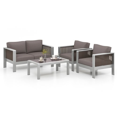 Costway - 4 PCS Aluminum Patio Furniture Set with Thick Cushions & Tempered Glass Tabletop - Gray-Front_Standard 