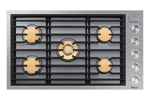Front. Dacor - Contemporary 36" Built-In Gas Cooktop with 5 burners with SimmerSear, Liquid Propane Convertible - Silver Stainless Steel.
