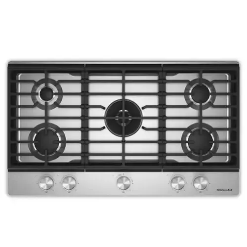 Front. KitchenAid - 36  in. Gas Cooktop with 5 Burners and Integrated Wok Grate - Stainless Steel.