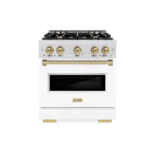 Front. ZLINE - ZLINE Autograph 30 in. Classic Satin Steel Gas Range with Bronze Accents (CGRSZ-WM-30-CB) - White Matte.