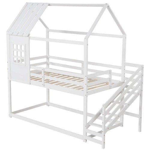Costway Twin House Bunk Bed with Stairs Roof Rails & Window Full-length Guardrails - White
