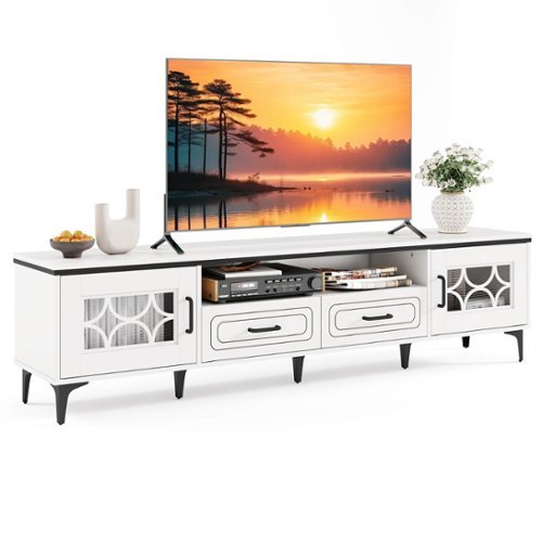 Costway - 71" TV Stand for TVs up to 80" with Open Compartment Side Cabinets & Drawers - White-Front_Standard 