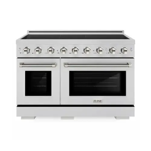 Front. ZLINE - Autograph 48 in. 6.7 cu. ft. Paramount Freestanding Induction Range with 7 Elements and Plished Nickel Helix Handles - Stainless Steel.
