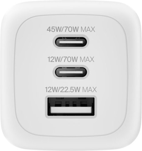 Belkin - 3-Port GaN Wall Charger 70W, USB-C and USB-A ports, charge smartphone, laptop, earbuds, Apple Watch or tablet - White