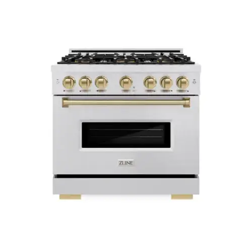 Front. ZLINE - Autograph 36 in. 5.2 cu. ft. Classic Freestanding DuoPro Gas Range w/ Convection Oven in Satin Steel & Bronze Accents - Satin Stainless Steel.