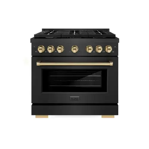 Front. ZLINE - ZLINE Autograph 36 in. 5.2 cu. ft. Manual Clean Freestanding Gas Range in Black Satin Stainless Steel and Gold Accents - Black Satin Stainless Steel.