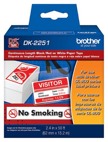 Brother DK-2251 Continuous Length Replacement Labels, Black/Red on White Paper Tape, 2.4” x 50 feet, 1 Roll per Box - Black/Red on White
