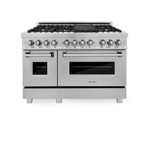 Front. ZLINE - ZLINE 48 in. Legacy Dual Fuel Range with 6 Brass Burners (RAS-SN-BR-48) - Satin Stainless Steel.