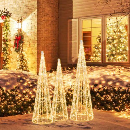 Costway Set of 3 Pre-lit Christmas Cone Trees Decoration with Star String & 90 Lights