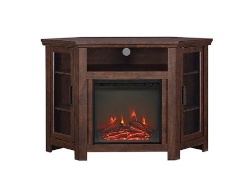  Walker Edison - Glass Two Door Corner Fireplace TV Stand for Most TVs up to 55&quot; - Traditional Brown