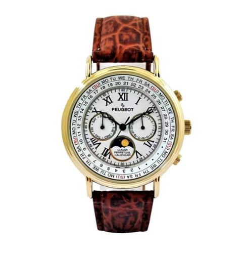Peugeot - Men's Vintage Multi-Function Moon Phase Watch with Perpetual Calendar and leather band - Brown-Front_Standard 