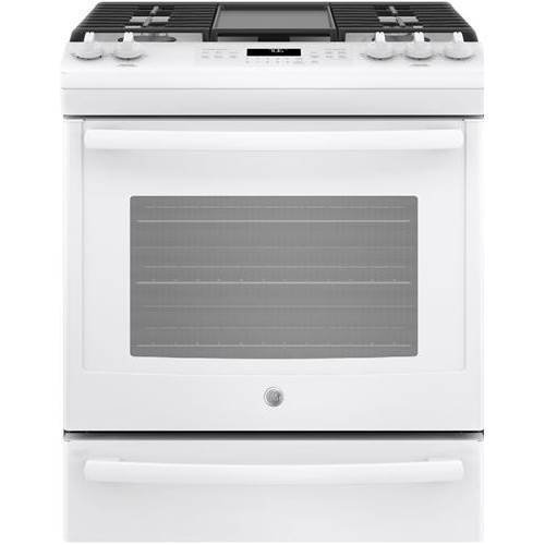 GE - 5.6 Cu. Ft. Slide-In Gas Convection Range - White on white