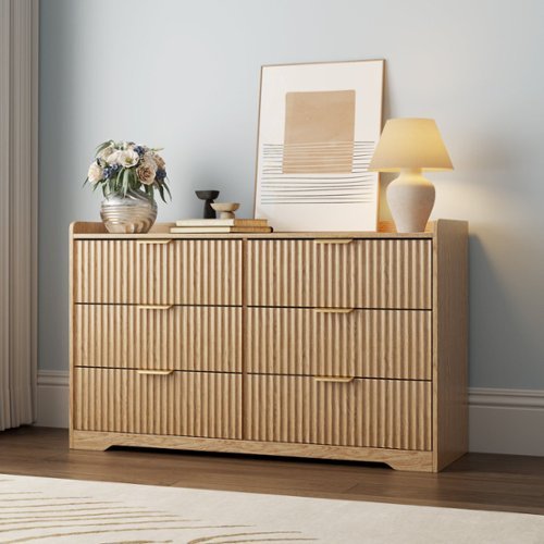 Furnulem - 6 drawer Dresser Wood Wide Chest Of Drawers With Metal Handle - Gold-Front_Standard 