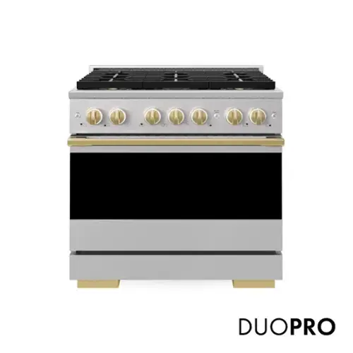 Front. ZLINE - Autograph 36 in. 5.2 cu. ft. Marino Freestanding Manual Clean DuoPro Gas Range with Convection Oven & Gold Accents - Stainless Steel.