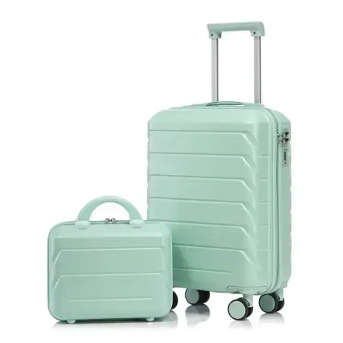 Front. HTUTWOO - 14"/20" Set of 2 ABS Spinner Wheel Luggage with Combination Lock - 360° Rotating Handle, Anti-Fall Protective Cover - Green.
