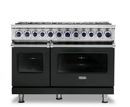 The image features a large, black Viking stove with a stainless steel top. The stove has a total of 14 burners, including 12 regular burners and two griddle burners. The stove is designed for efficiency and performance, making it an ideal choice for cooking enthusiasts. The stainless steel top adds a touch of elegance and durability to the appliance.