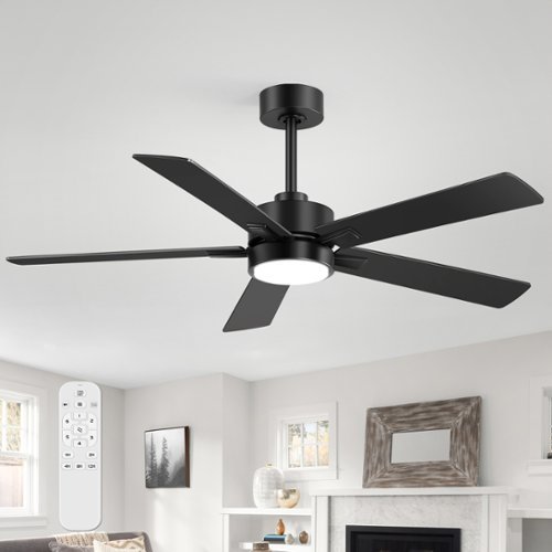 Breezary - 52" Modern Indoor Ceiling Fan with LED Light, 5 Reversible Plywood Blades, 6-Speed DC Motor, Remote, Timer, 5" Downrod - All Black-Front_Standard 