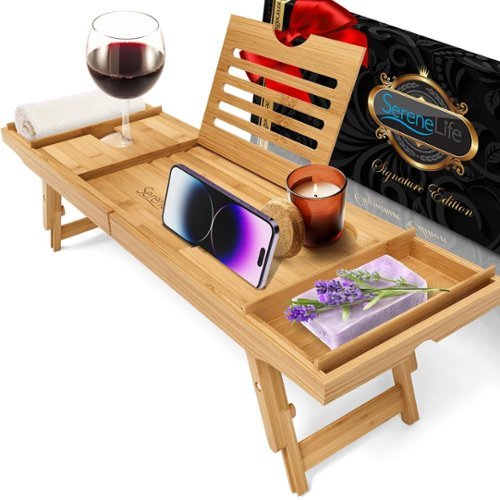 SereneLife - Bath Caddy Breakfast Tray Combo with Gift Box- Bamboo Wood Waterproof Bath Tub Caddy and Bed Tray - Natural-Front_Standard 