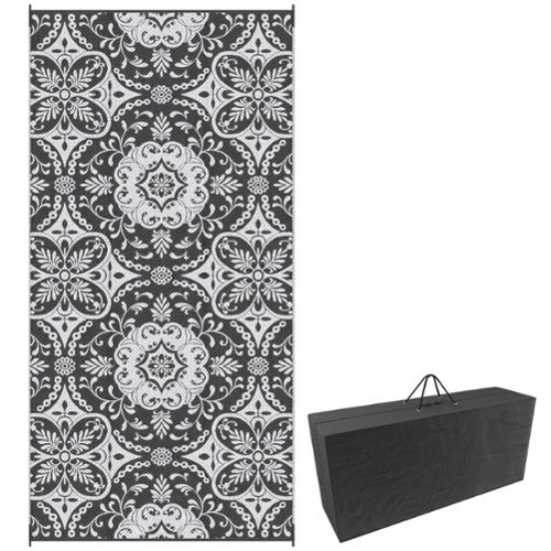 Outsunny - Outdoor Rug for Patio, 9' x 18' Waterproof Large Mat, Reversible Plastic Straw Rug for Décor - Gray and White Floral-Front_Standard 