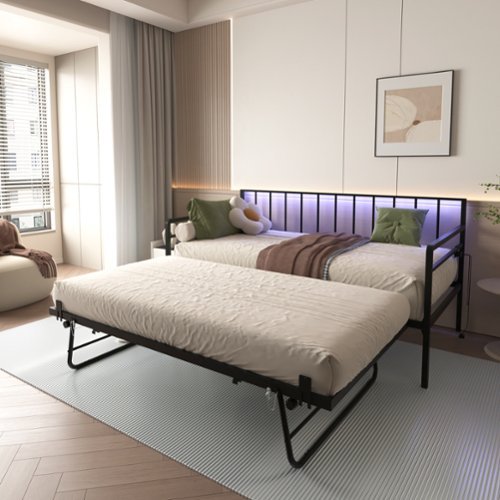 GOODSILO - Adjustable Twin Daybed with RGB LED Lighting and Multi-Port Charging Station, Sturdy Metal Frame with Trundle - Black-Front_Standard 