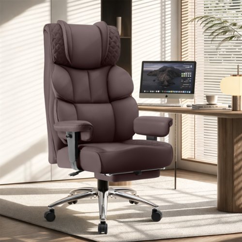 KERDOM - Large PU Leather Office Desk Chair Gaming Chair with Footrest, Wide Seat Ergonomic Comfy Executive High Back Reclining - Coffee-Front_Standard 