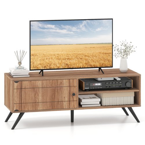 Gymax - TV Stand for TVs up to 55'' Mid Century Entertainment Center w/ Storage Cabinet - Brown-Front_Standard 