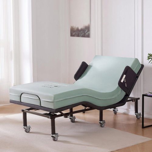 Renanim - Twin XL Adjustable Bed Frame with Bed Rails + 6" Alternating Pressure Mattress, Wireless Remote, Brake Wheel Legs - Black-Front_Standard 