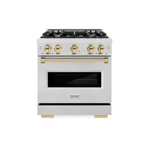 Front. ZLINE - ZLINE Autograph 30 in. Classic Dual Fuel Satin Steel Range w/ 4 Burners & Gold Accents (CDRSZ-30-G) - Stainless Steel.