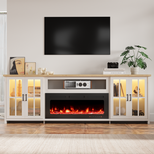 U-HOMY - 97" Fireplace TV Stand with 42" Electric Fireplace, Glass Door Media Console with LED Lights - White-Front_Standard 