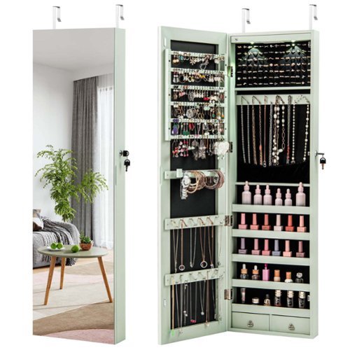 Costway - Mirrored Wall & Door Mounted Jewelry Cabinet Storage Organizer with Lights&Drawer - Green-Front_Standard 