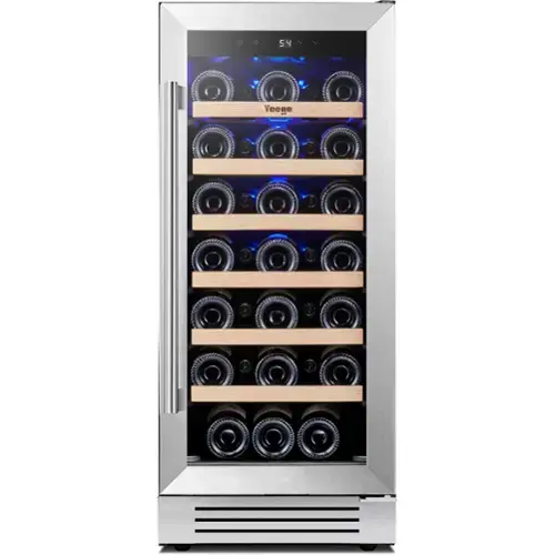 Front. Yeego - 15 inch Wine Cooler Refrigerator with 33-Bottle Built-In/Freestanding for Home Bar，Stainless Steel - Stainless Steel.