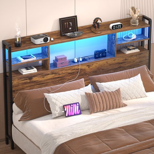 Aheaplus - Full Size Headboard with Power Outlet and RGB LED Lights, Headboard with Storage Shelves - Brown-Front_Standard 