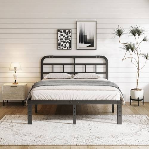Hivvago - King Size Heavy Metal Platform Bed Frame with Headboard - Black-Front_Standard 