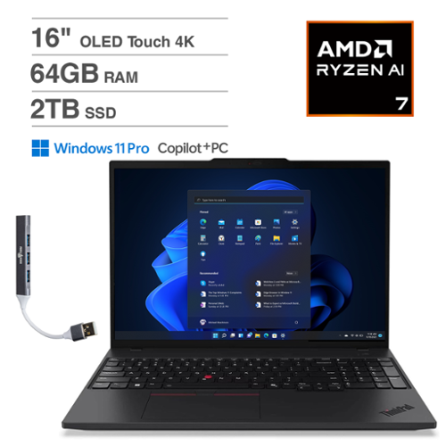 Lenovo - ThinkPad P16s Laptop 16.0 4K (AMD Ryzen AI 7 350, 64GB DDR5, 2TB PCIe SSD, Win 11 Pro) w/USB Hub - Black-Front_Standard 