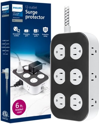 Philips Surge Protector, 12 Outlet, 2 USB-A, 1 USB-C, 3000J, 14AWG, 6ft, Dark Gray & Artic White - Dark Gray & Arctic White