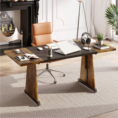 Bestier - 70" Wooden Dining Table & Metal Kitchen Table Computer Desk for Home Office Desk - Brown-Front_Standard 
