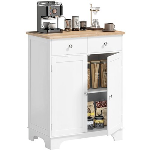 Homcom - Storage Cabinet, Sideboard Floor Cupboard with Solid Wood Top, Adjustable Shelf - White-Front_Standard 