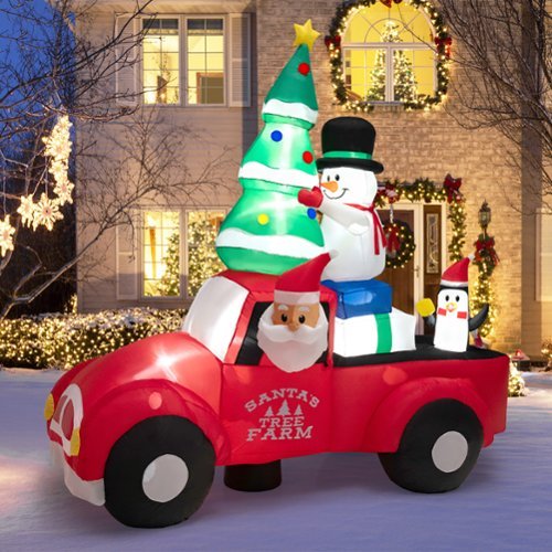 Costway 8FT Wide Inflatable Santa Claus Driving a Car w/ LEDs & Air Blower - Multicolor