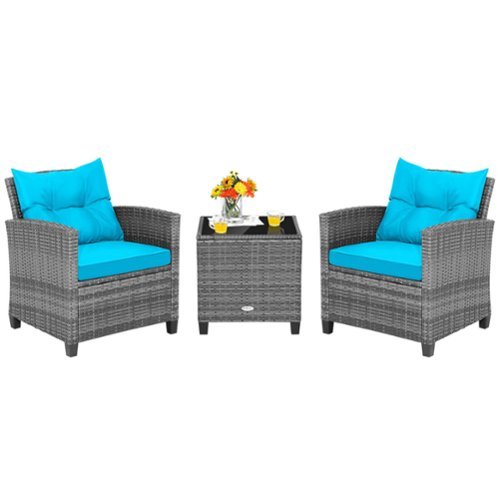 Costway - 3 PCS Patio Rattan Furniture Bistro Set Cushioned Sofas Side Table Armrest - Turquoise + Mix Grey-Front_Standard 