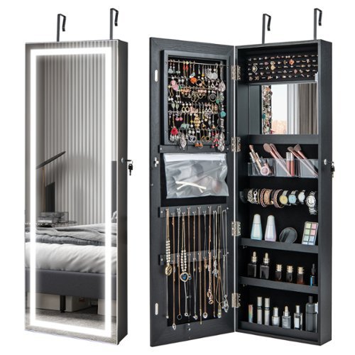 Costway LED Mirror Jewelry Cabinet Wall/Door Mounted  47" Armoire 3 Color Light - Black