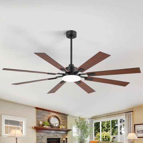 Breezary - 72'' Ceiling Fan with 8 Plywood Blades, 3-Color Light, 6-Speed DC Motor, 6"/20" Downrods, Remote with Timer - Matte Black and Dark Wood Grain-Front_Standard 