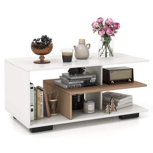 Costway Geometric Coffee Table w/ Storage Shelves 3-Tier Rectangular Tea Table - Natural and White