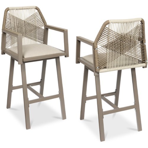 Best Choice Products - Set of 2 Indoor/Outdoor Aluminum, Woven Rope Swivel Barstools w/ Armrests - Taupe/Sandstorm-Front_Standard 