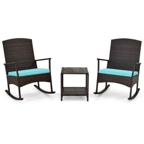 Costway - 3 Piece Patio Rocking Set Wicker Rocking Chairs with 2-Tier Coffee Table - Turquoise-Front_Standard 