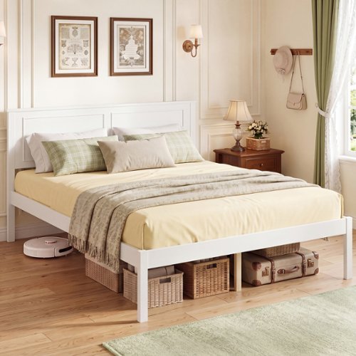 Gymax - Full Size Bed Frame Farmhouse Wooden Platform Bed w/Headboard Under-Bed Storage - White-Front_Standard 