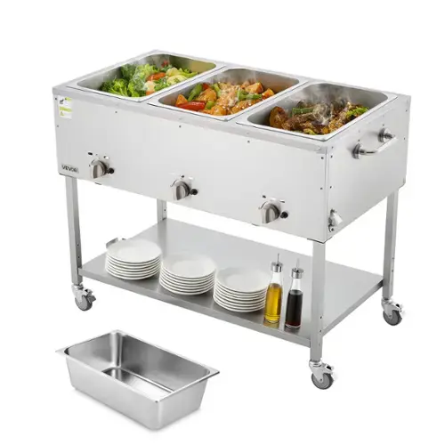 Front. VEVOR - 3-Pan Commercial Propane Steam Table, LP Gas Outdoor Soup Warmer with Drain Valve and 3" Wheels, Stainless Steel - Silver.