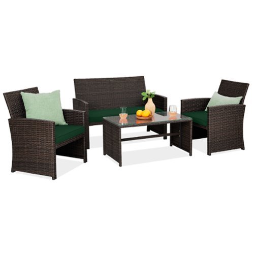 Best Choice Products - 4-Piece Outdoor Wicker Patio Conversation Furniture Set w/ Table, Cushions - Brown/Midnight Green-Front_Standard 